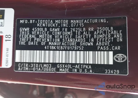 2015 Toyota Avalon Limited/Xle/Xle Premium/Xle Touring/Xle Touring Se из США, поврежденный, VIN 4T1BK1EB7F4179752